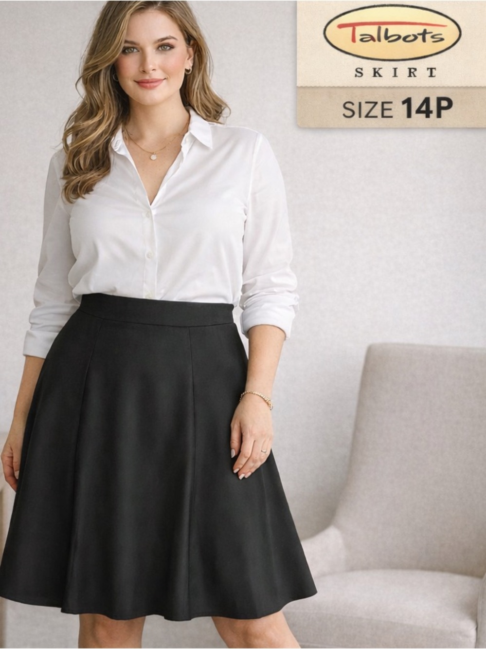 Talbots Silk Blend Black Flare Skirt Womens size 14 Petite A-Line Classic Chic